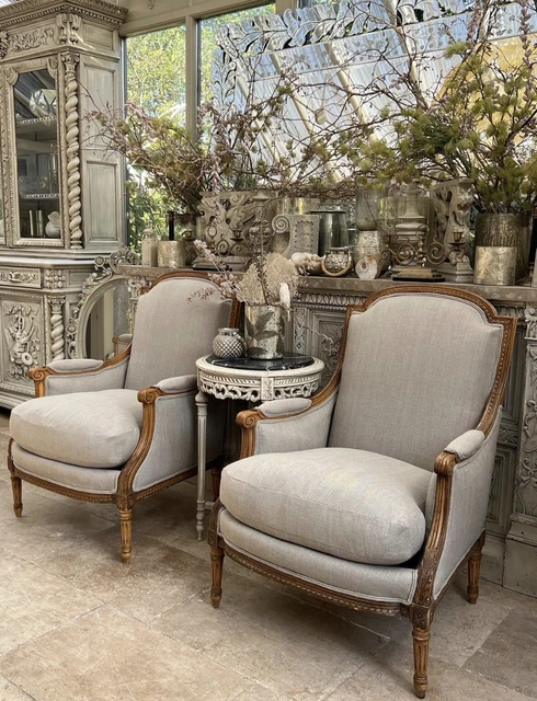 Carved Antique Regency Revival  Pair Of Armchairs  Freshly Upholstery In Linen