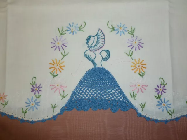 Vtg Southern Belle Crinoline Lady-Girl Pillowcase with Crochet Blue Lace Trim