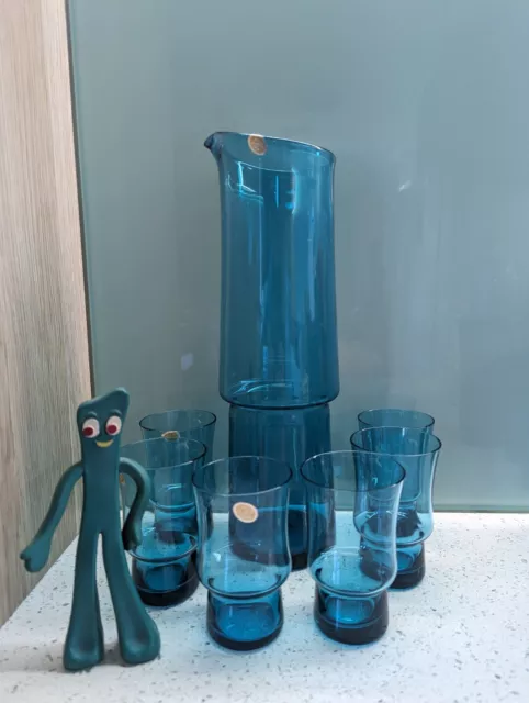 Vintage Mid Century Polish Fine Glassware Teal Tumblers X6 And Pitcher