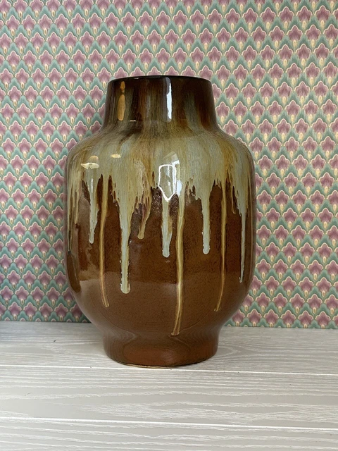 MID CENTURY MODERN Signed Studio Pottery Vase Brown Drip Glaze Well ...