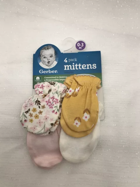 New Gerber 4 Pack Baby Girl Scratch Mittens Gloves 0-3 Months Pink Floral Solid