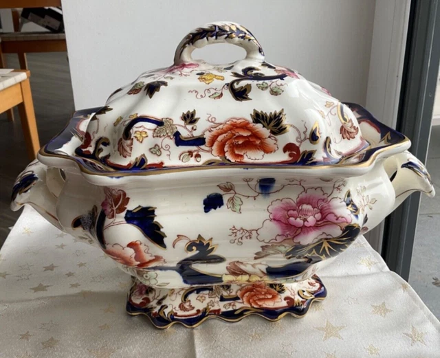 Vintage Pretty Mason's Ironstone Blue Mandalay Soup Tureen Table Centre Piece