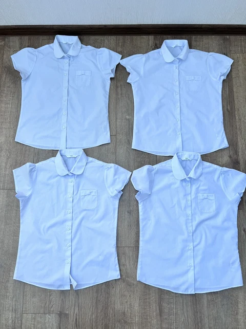 4 camicette bianche M&S a maniche corte per ragazze, uniforme su taschino e fiocco 11-12 anni