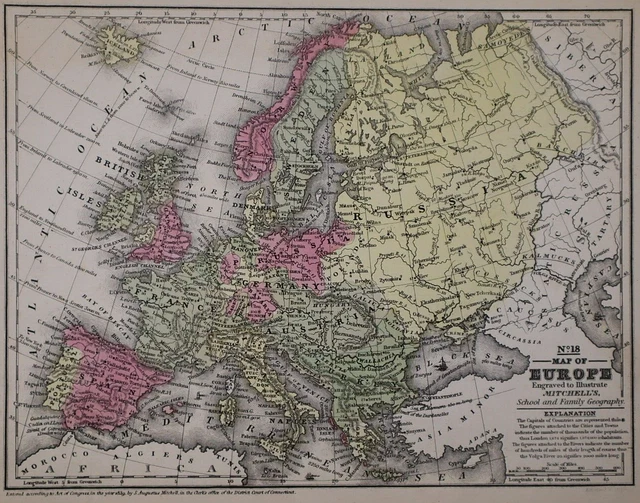 Dated 1839 Mitchell's Atlas Map ~ EUROPE - PRUSSIA, SARDINIA, BAVARIA, GALICIA