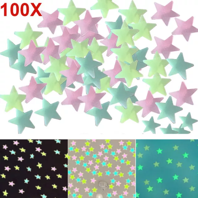 100Pcs 3D Luminous Stars Wall Stickers Glow In The Dark Nursery Kids Room Decal