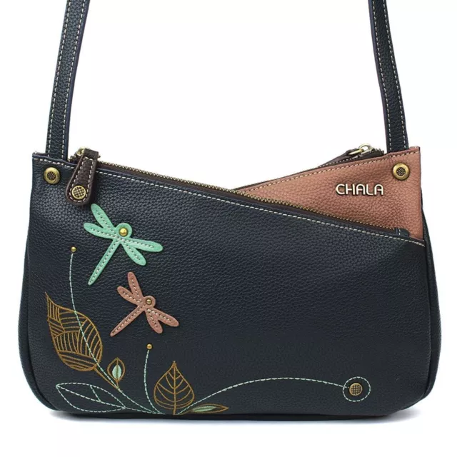 New Chala Black Brown Dragonfly Criss Crossbody Tote Bag Purse Faux Leather