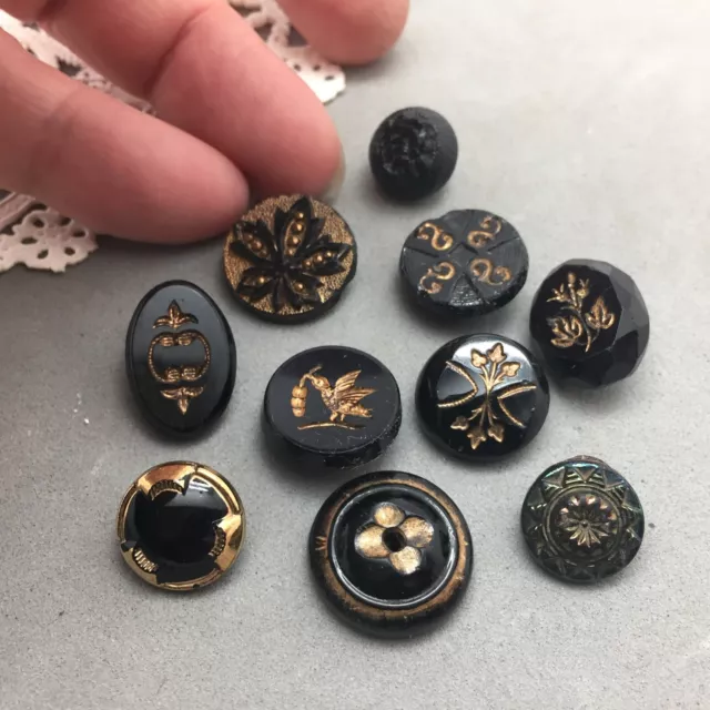 Black Glass Mourning Victorian Button Vintage Sewing Clothes 5/8" - 1/2" Lot 10 3