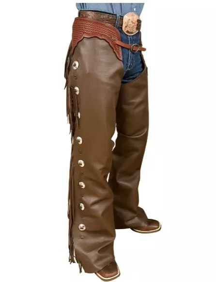 PANTALONI WESTERN COWBOY Chap Marroni In Pelle Rodeo Equitazione