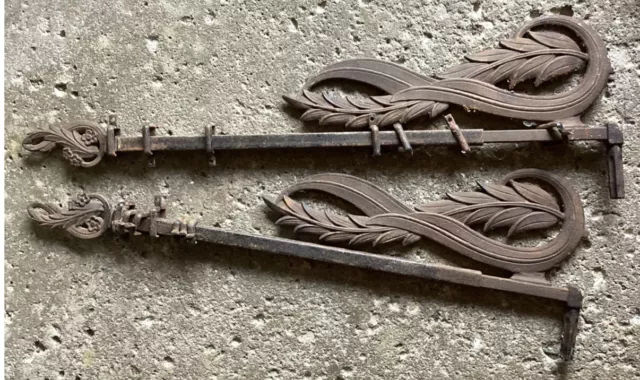 2 Vintage Art Deco Cast Iron Swing Arm Extendable Curtain Rods, Rings & Brackets