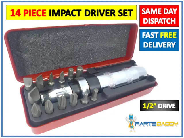 1/2" Drive Hand Impact Screw Driver Set Pozi Torx Phillips Slotted + Case (15-6)