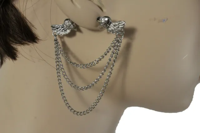 Women Silver Metal Chains Fashion Hook Earrings Set Double Side Angel Wings Love