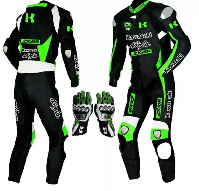 MotoGP Kawasaki Ninja Combinaison et gants de course en cuir pour moto...