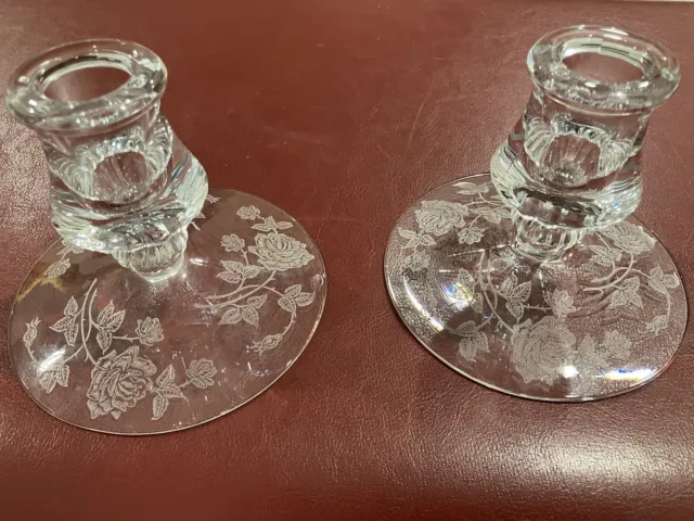 Pair 2 Vintage Fostoria Etched Floral Flower Glass Candlestick Candle Holders