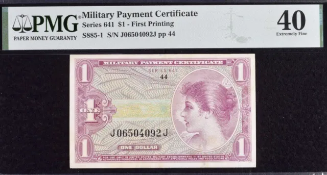 Military Payment Certificate $1 (One Dollar) Series 641 First Printing PMG 40 XF