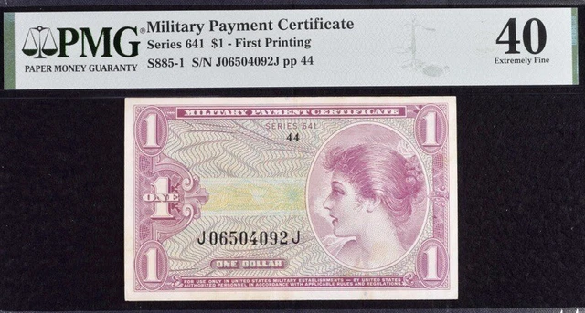 Military Payment Certificate $1 (One Dollar) Series 641 First Printing PMG 40 XF