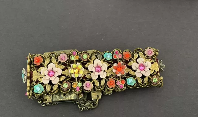 Michal Negrin Lace Bracelet AB Crystals Flowers Victorian Rose Cameo Cuff