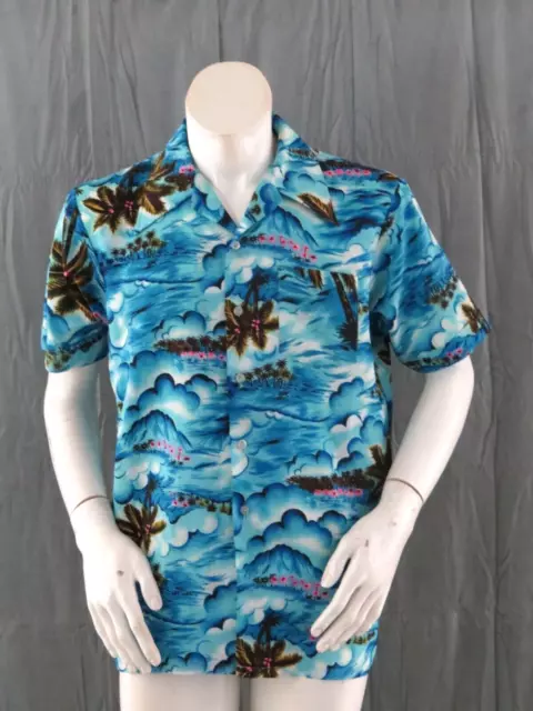 Vintage Hawaiian Aloha Shirt - Ocean Pattern with Neon Palm Trees - Men's Large