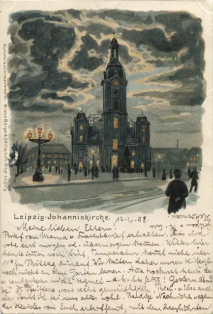 Künstler-AK Leipzig Winter Johanniskirche,1898,Abendstimmung,Laternenbeleuchtung