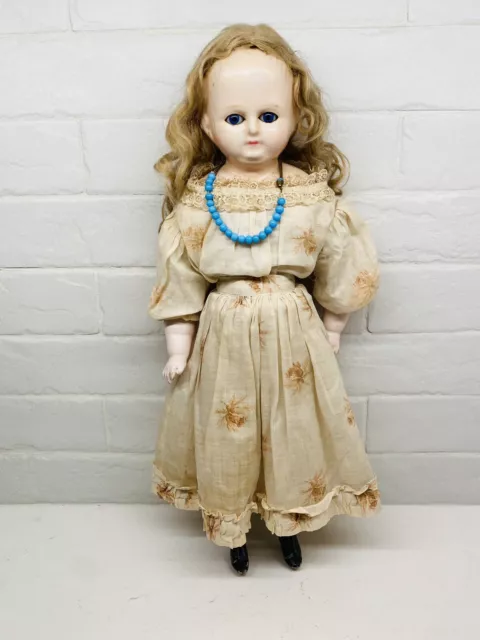 1880’s German Wax Over Paper Mache Doll 16” Blue Sleep Eyes Dress Under Garments