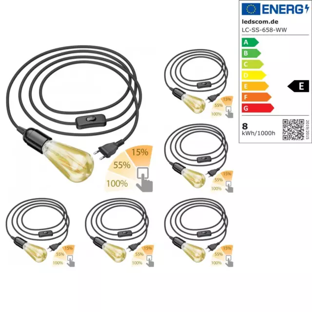 6x Cable textil LEHA con enchufe, interruptor E27 portalámpara, negro, 3m + LED