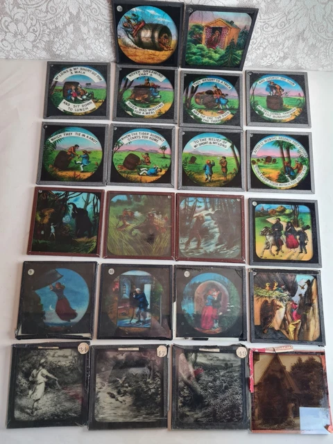 22 x Victorian Coloured Magic Lantern Glass Slides Tiger & Tub, The Sower 84mm