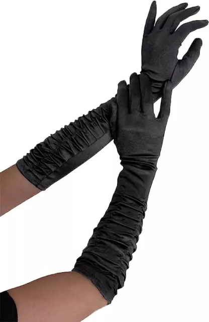 elegante Damen Satin Handschuhe Raffung gerafft schwarz lang Opera