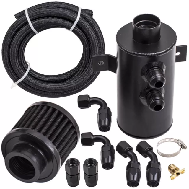 Aluminium Baffled Engine Oil Catch Can 0.75L 2 Port AN10 +3M Hose Fitting Kit