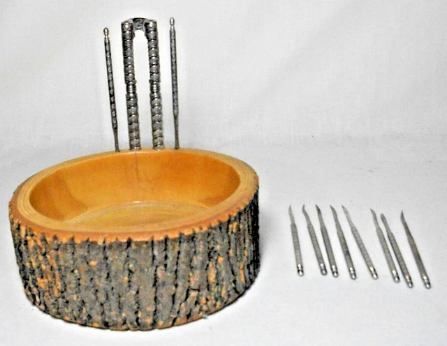 Vintage Wood With Bark Nut Bowl, Nutcracker & 10 Pick Set Vintage Wood With Bark Nut Bowl, Nutcracker & 10 Pick Set