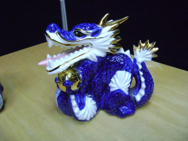 Lucky Dragons TKN Japan Yoshimi K. Pair of Porcelain Cobalt Blue & Gold Dragons 3