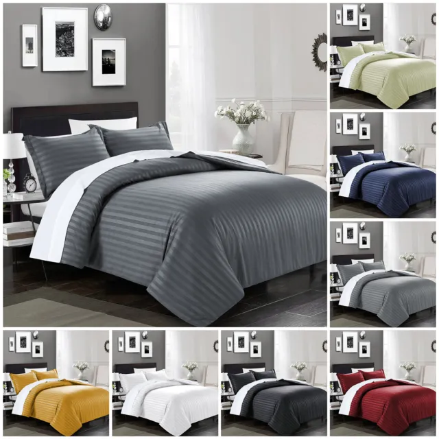 Satin Stripe Duvet Cover Quilt Bedding Set Single Double King Size W Pillowcases