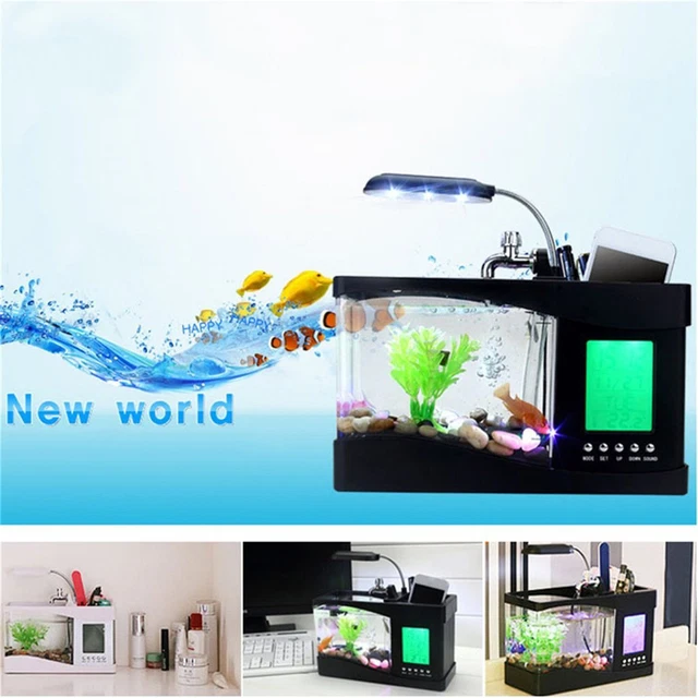 Mini USB Fish Tank LCD Desktop Lamp Light Fish Tank Aquarium LED Calendar Clock 2