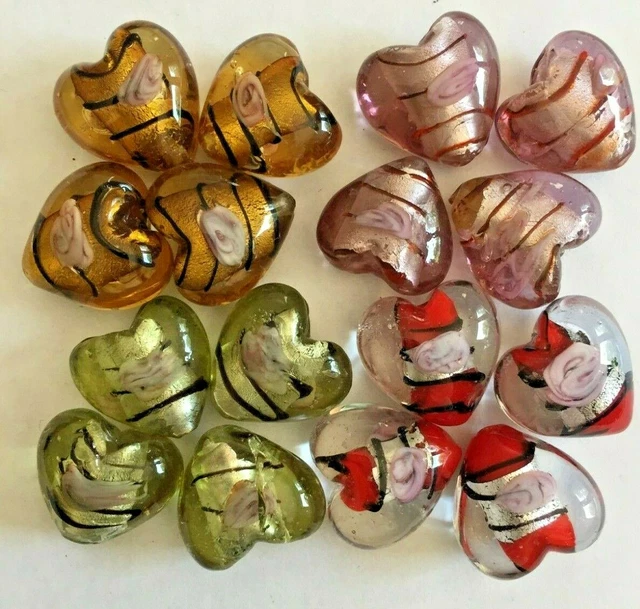 18 Lampwork Silver Foil Heart Beads 20mm Amethyst Green Gold Red Choose Color