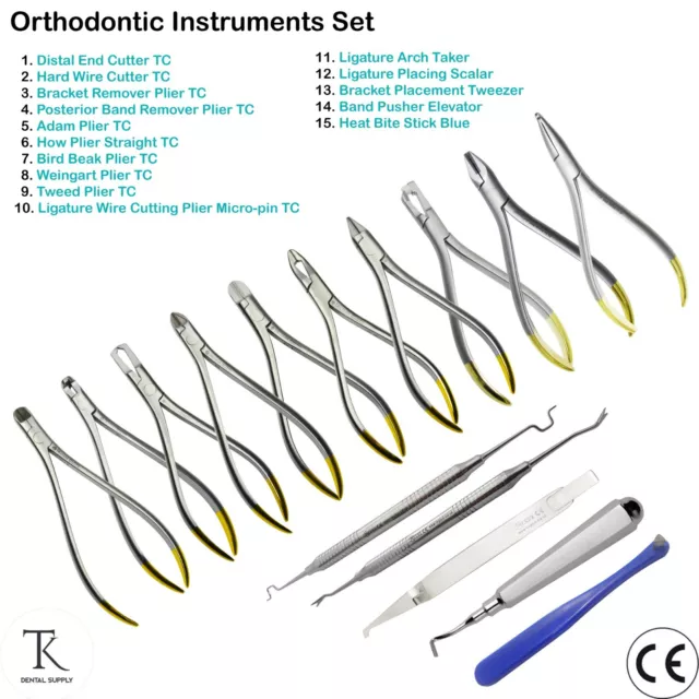 15-PCs Orthodontie Pinces Précelles Ligature Scalers Band Pusher Instruments Kit