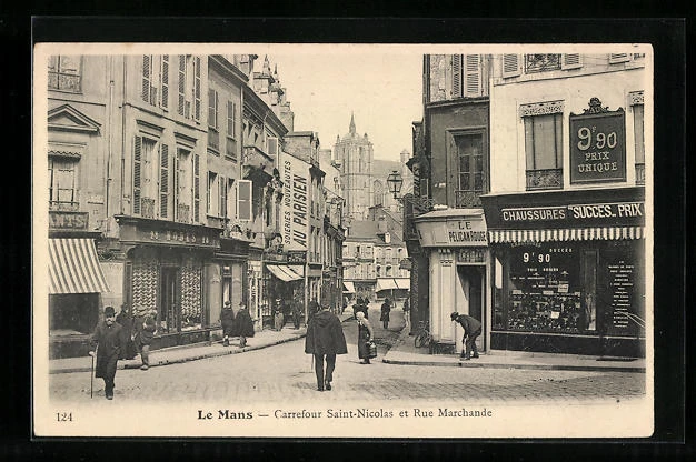 cpa-le-mans-carrefour-saint-nicolas-et-rue-marchande-eur-7-00