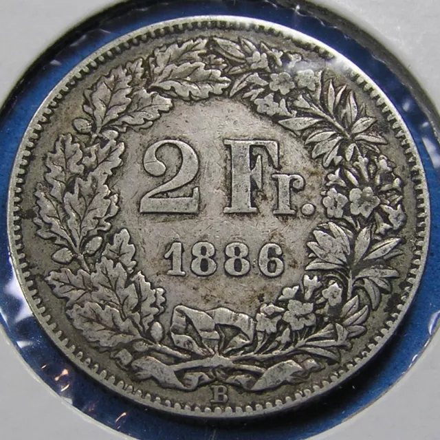 Switzerland 2 Francs .835 Silver Coin 1886-B, KM-21