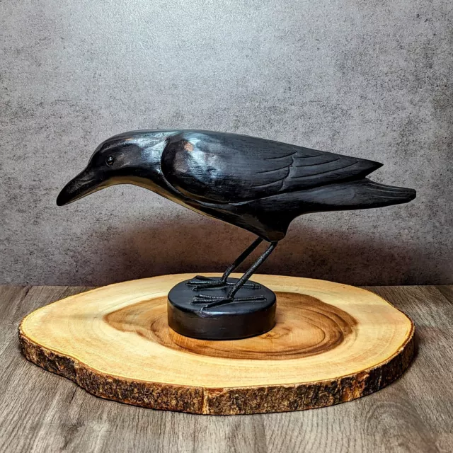 Hand Carved Wooden Spirit Animal Raven Black Bird Crow Sculpture 7"Tx 13"Lx 4"W