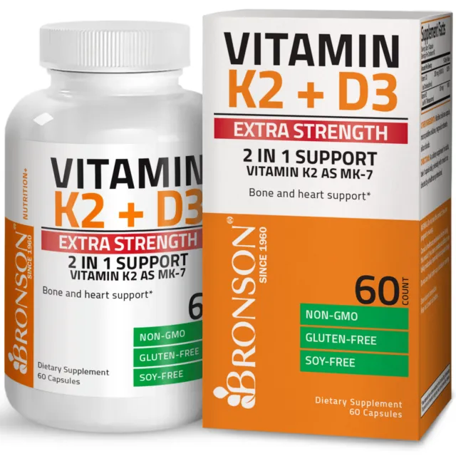 Vitamin K2 (MK7) + D3 Extra Strength Bone & Heart Health Non GMO, 60 Capsules