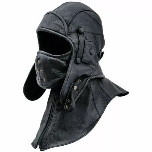 Genuine CALF Leather Pilot Aviator Cap - Collar and face cover hood convertible