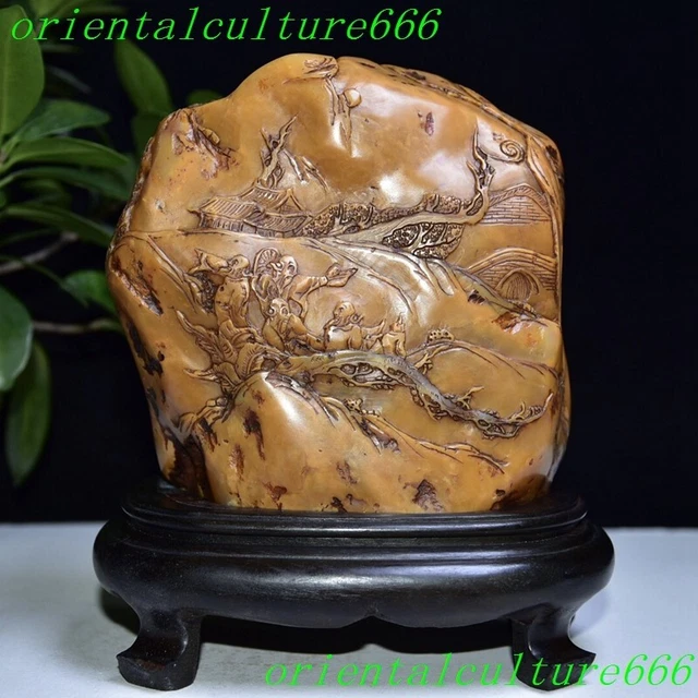 4.8"China Shoushan stone Carved landscape shanshui tree seal Stamp signet statue