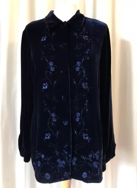 Vintage Laura Ashley Embroidered Navy Blue Velvet  Silk Mix Shirt Size Medium