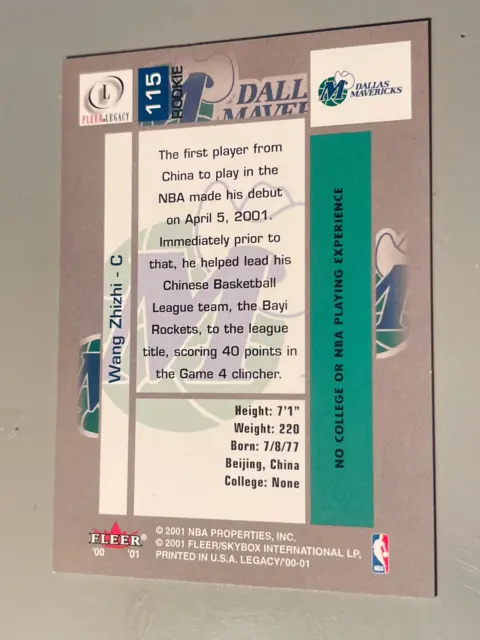2000-01 FLEER LEGACY #115 Wang Zhizhi Rc #471/799 Dallas Mavericks