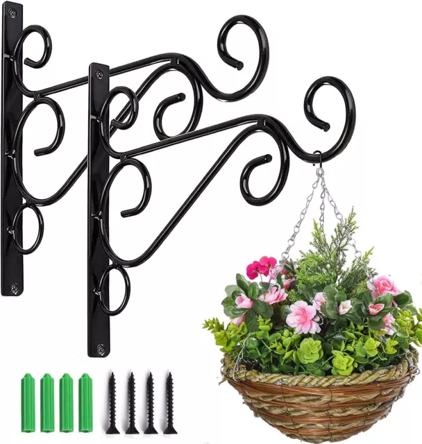 2X Heavy Duty Garden Metal Hanging Basket Brackets Plant Hanger Hook Wall Decor