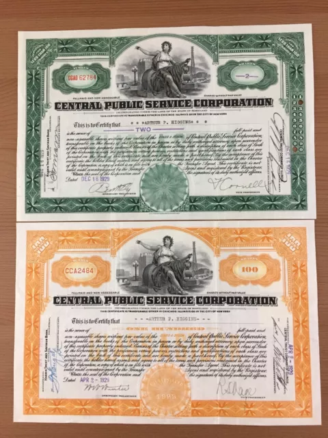 Central Public Service Corporation 2 Stock Certificates Orange & Green 1929