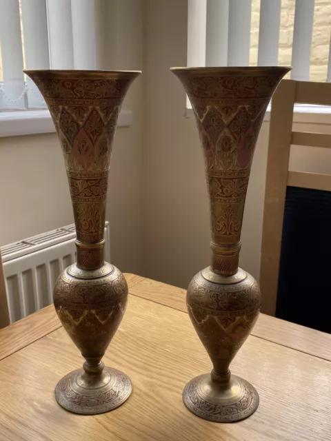 pair of Large Brass Etched / Painted Indian Vases Persian Decorative 33.5cm Tall