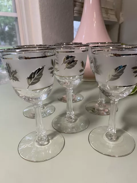Vintage Libbey Silver Leaf  Foliage Stemmed Wine Sherry Glasses 5 3/4" Set Of 6 3