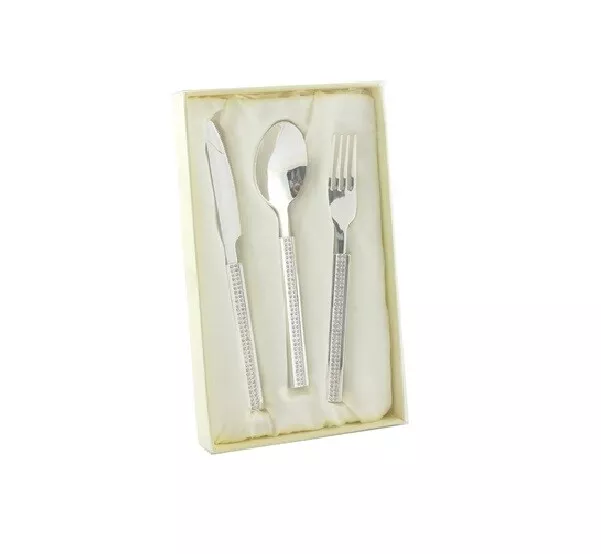 Silver Plated Baby Three Pieces Diamante Cutlery Set Spoon Knife And Fork