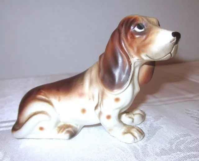 Basset Hound Figurine Vintage Porcelain 1960s Hand Painted 4 1/2" long x 3"