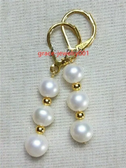 natural AAAA 6-7mm Akoya  white round pearl earrings 14k  gold hook earrings