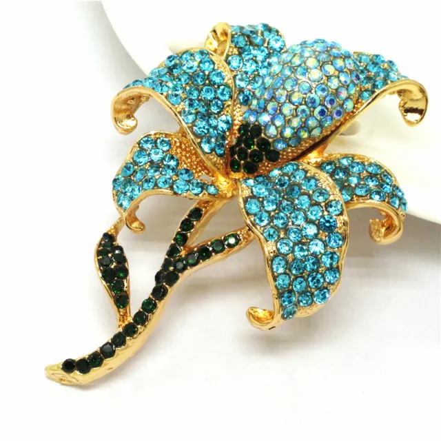 Blue Rhinestone Cute Bling Flower Crystal Fashion Women Charm Brooch Pin 2