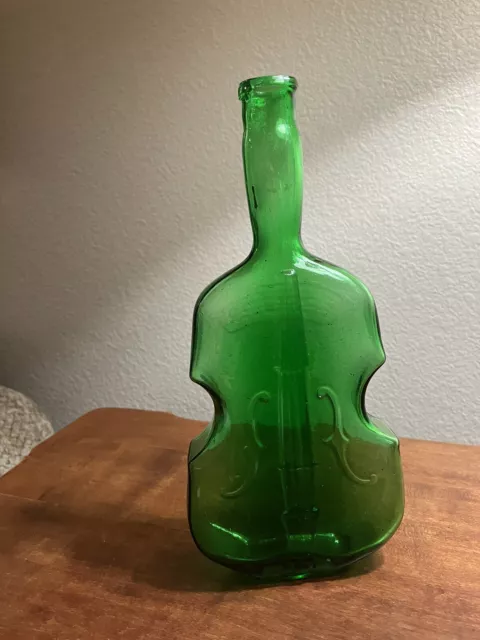 Blown Green Glass Violin Shaped Bottle 9 1/2” Tall Emerald 3